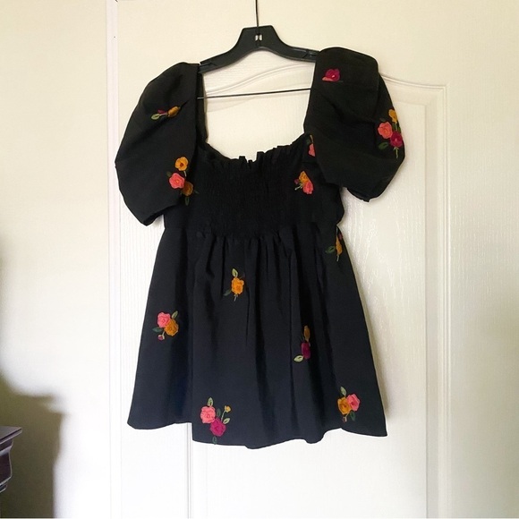 Mi Golondrina Top Elena Cotton Babydoll Puff-Sleeve Floral Negro Arroyo M EUC - Picture 7 of 7